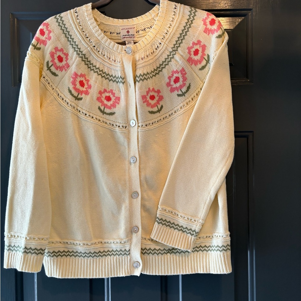 Appleseed's Cream Floral Yoke Cardigan with Pink Flowers